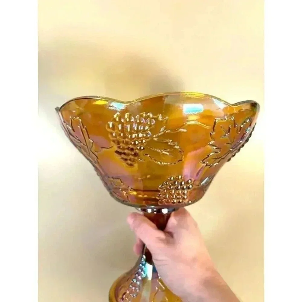 Vintage Amber Indiana Carnival Glass Iridescent Fruit Embellished Bowl
